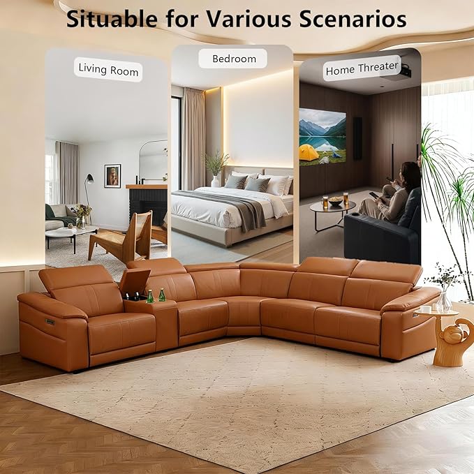 Power Reclining Sectional Sofa for Living Room - Leather Recliner with Console, Cup Holders & USB Ports for Family Movie Nights, Guests, and Everyday Comfort