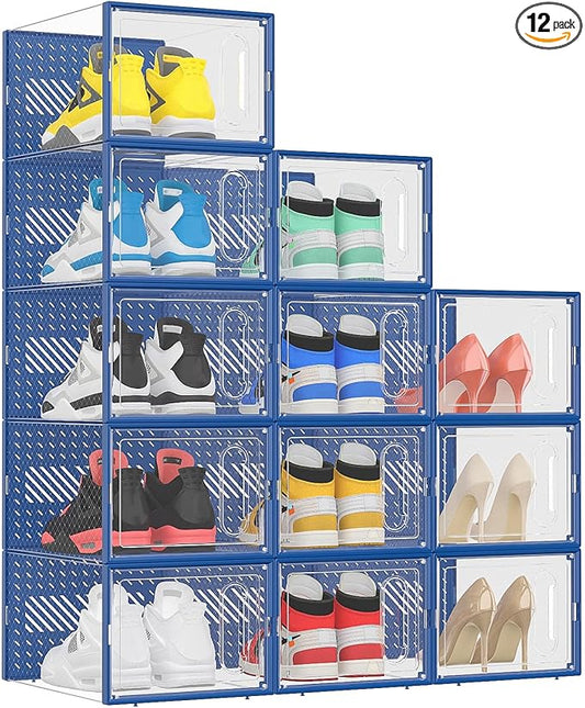 eWonLife Large Shoe Organizer Storage Box with Magnetic Door,12 Pack Clear Plastic Stackable Sneaker Containers for Closet, Connect Left and Right Shoe Box for Entryway, Drop Front, Under Bed (Blue)