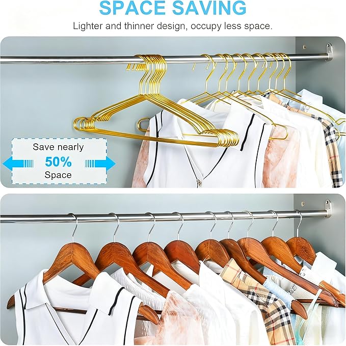 Gold Hangers for Clothes, Ultra Thin Metal Clothes Hangers Heavy Duty Coat Hanger for Dress Skirts Pants Bra Underwears, Space Saving Wire Suit Hangars Closet Organizer Dorm Room Essentials, 10 Pack