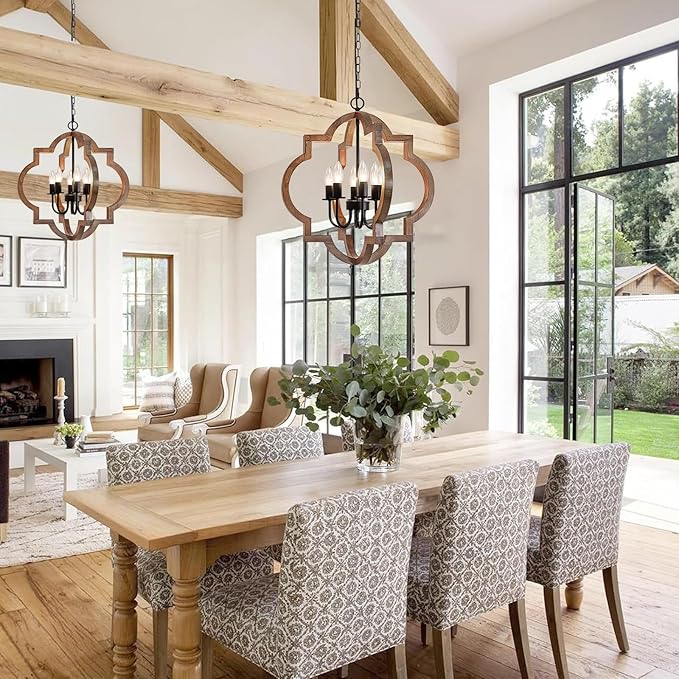 21.65'' Farmhouse Wood Chandelier, 6-Light Rustic Dining Room Light Fixture, Orb Chandelier Light Adjustable Height, Wood Pendant Lighting for Kitchen Island Foyer Living Room Hallway