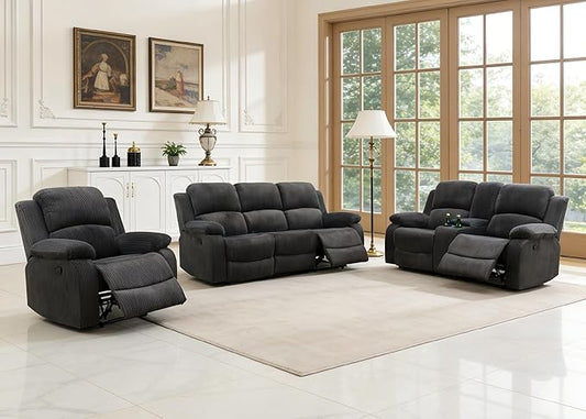 Fabric Recliner Sofa Set Grey Loveseat Couch Chair Set Living Room Furniture Sets 3PCS Manual Reclining Sofa Set with Cup Holders and Storage Console for Living Room/Office (Grey, 3 PCS Set)