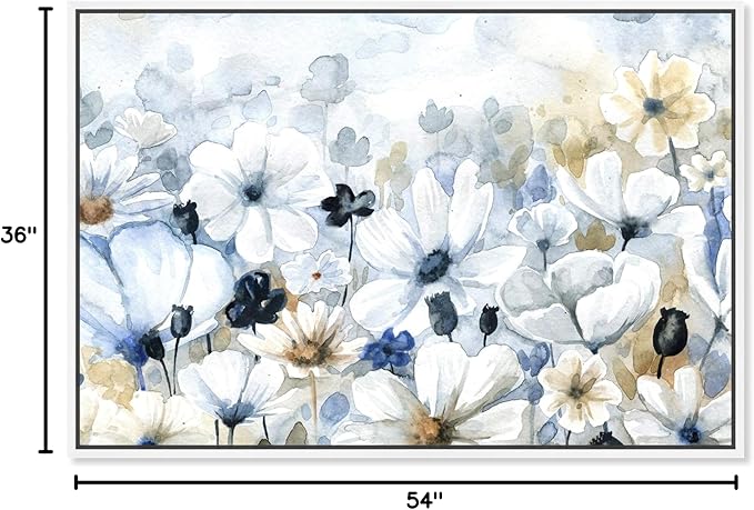 The Oliver Gal Artist Co. Floral and Botanical Wall Art Framed Canvas Prints 'Fields Flowers Home Décor, 54" x 36", Blue, White