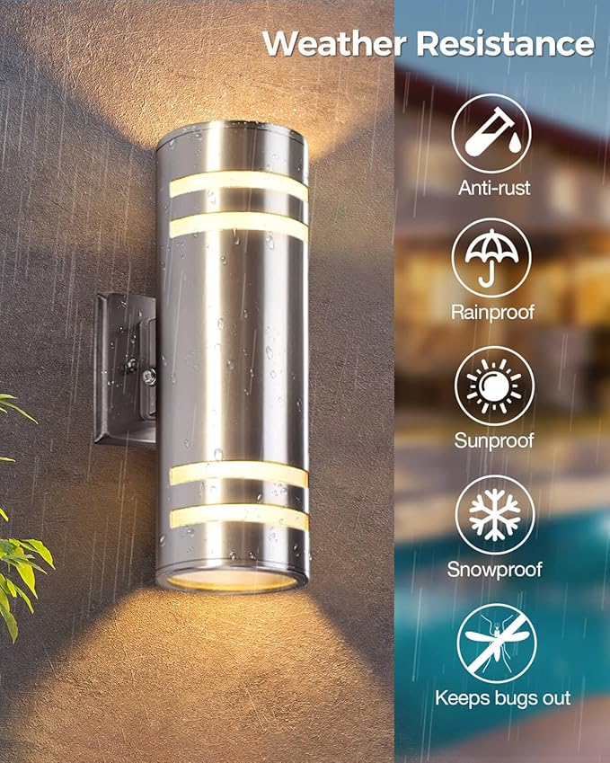 Smart Stainless Steel Outdoor Wall Light 2 Pack, WiFi RGB Up and Down Sconce with Dusk to Dawn Sensor, Color Changing Exterior Lighting Fixtures, Compatible with Alexa & Google, Remote Included