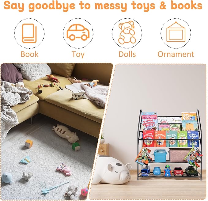 Bookshelf for Kids, Metal Kids Bookshelf, 5 Tier Kids Book Shelf and Toy Storage, Bookcase for Kids Room, Kids Book Storage for Bed Room Living Room (Large, Black)