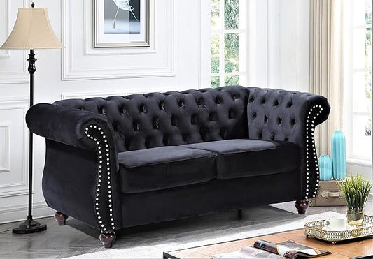 Container Furniture Direct Feinstein Modern Velvet Chesterfield Couches for Living Room with Nailheads, Diamond Tufting & Durable Metal Frame, Loveseat, Black