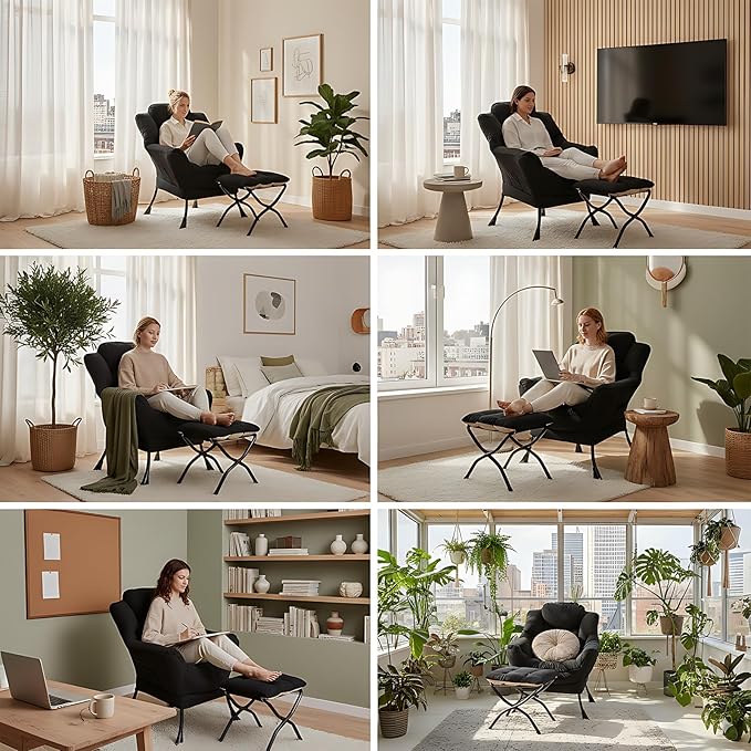 Lazy Chair with Ottoman, Comfy Fabric Accent Lounge Arm Chair with Lumbar Pillow and Folding Footrest, Reading Leisure Sofa Chair for Bedroom, Living Room, Dorm,Black