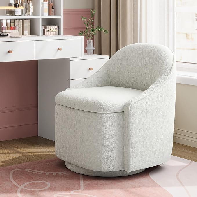 LINSY Swivel Accent Chair with Storage Comfy Chenille Barrel Chairs, Small 360 Swivel Modern Armchair for Living Room Bedroom, Boucle Reading Chair for Study Room (Beige)