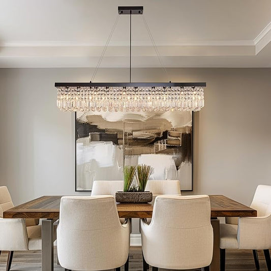 Modern Crystal Chandelier for Dining Room,10-Light Black Rectangle Pendant Ceiling Light Fixture for Kitchen Island Bar, L47 x W10 x H10