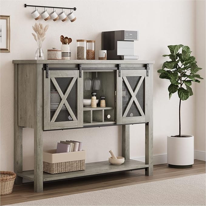 Bar Cabinet, Farmhouse Buffet Storage Cabinet with Wine Glass Rack, Wood Coffee Bar Table Kitchen Sideboards and Buffets with Barn Door, Liquor Cabinet Bar for Home, Dinning, Living Room