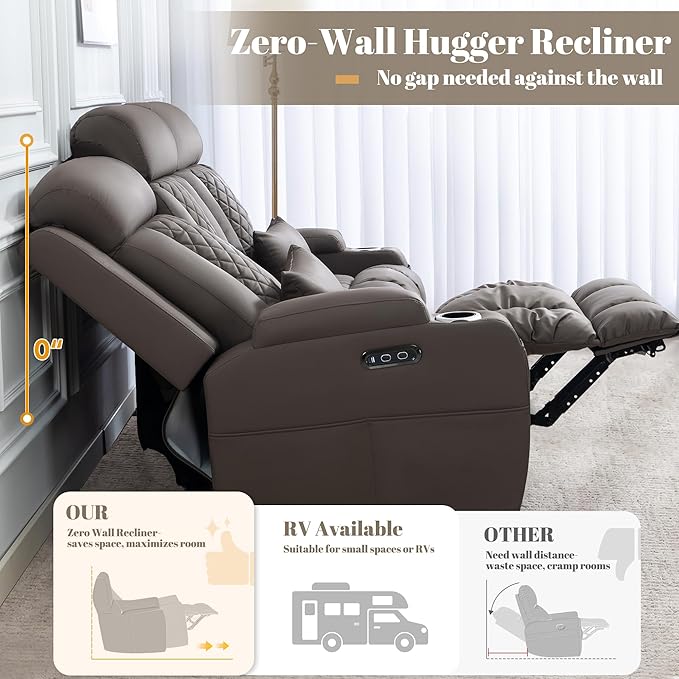 Zero Wall Hugger Power Reclining Sofa Set with Adjustable Headrest, Electric Reclining Couch with Drop-Down Table,Outlets, Power Loveseat Recliner Sofa for Living Room | Cat-Proof Leather