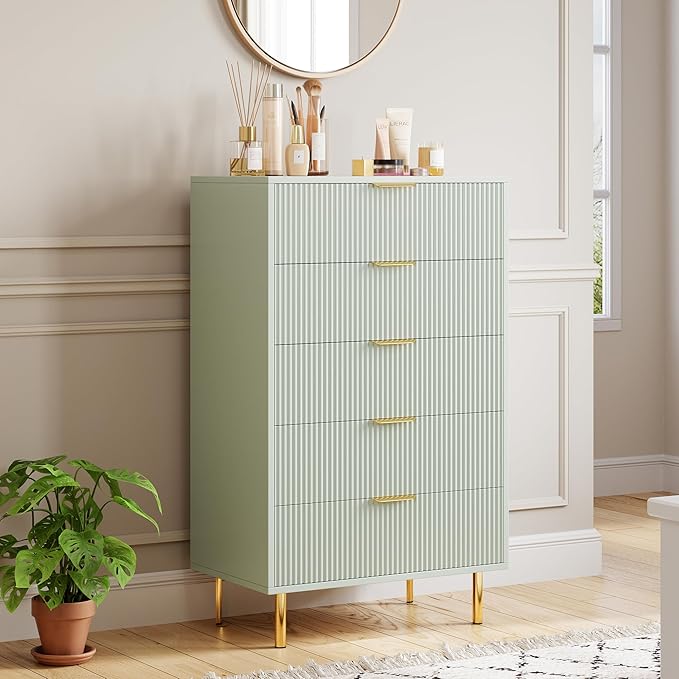 IDEALHOUSE Green Dresser, Modern 5 Drawer Dresser for Bedroom with Gold Handle and Large Drawer, Wood Double Chest of Drawers and Storage Organizer for Living Room, Hallway, Entryway