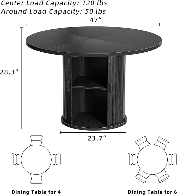 47 Inch Round Dining Table for 4-6 Round Table Kitchen Modern Round Dining Room Table with 2-Layer Storage Shelf and Wood Slide Door Circle Kitchen Tables for Dining Room Black