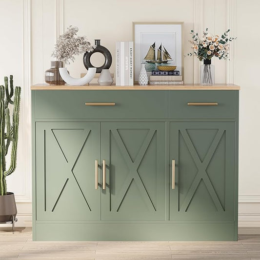 Shintenchi Modern Farmhouse Sideboard Buffet Cabinet with Storage with 3 Doors,42" Barn Doors Buffet Cabinet with Storage, Wood Coffee Bar Cabinets with Adjustable Shelf for Kitchen Living Room,Green