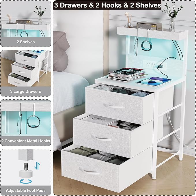 Night Stand with Charging Station Set of 2, LED Nightstand Bedside Table with USB Ports and Outlets, 3 Fabric Drawer End Side Table Dresser for Bedroom with Storage Shelf and 2 Hooks, White