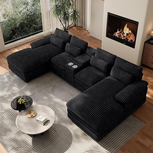 133" Oversized U Shaped Cloud Couch Modular Sectional Couches for Living Room Comfy Corduroy Deep Seat Sofa Set with Double Chaise Lounge, Storage Central Console, Cup Holders, USB Port, Black