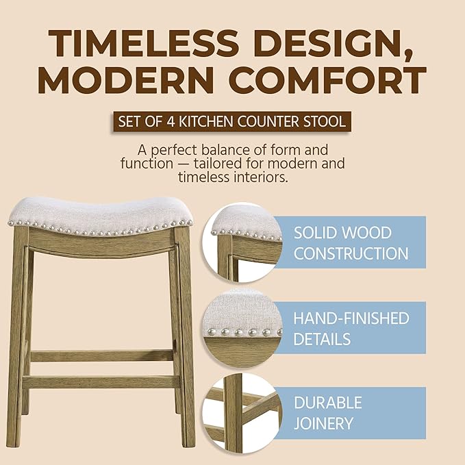 ROME + OAK Set of 4 Parker 26" Counter Stool, Backless Saddle Kitchen Barstool in Natural Wood Finish with Wheat Cream Fabric Upholstery Cushion Seat
