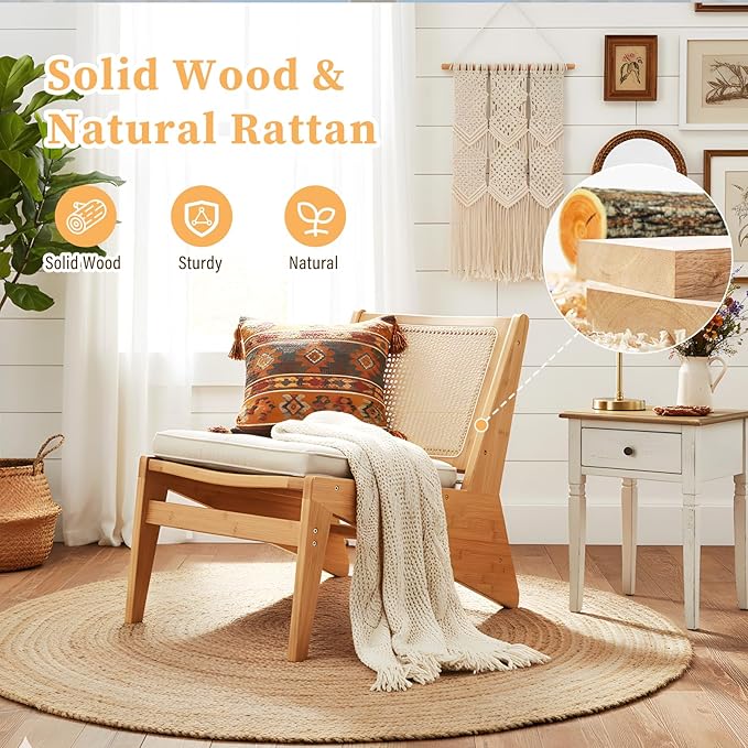 Rattan Accent Chair for Living Room, Mid Century Side Chair, Comfy Bamboo Chairs for Bedroom Reading Room, Wood