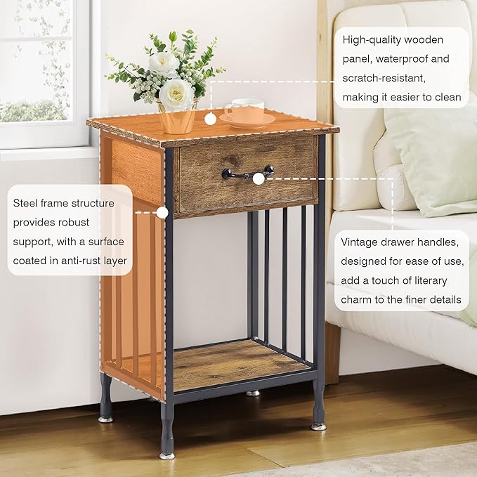 VECELO Nightstands, Industrial Side Table/End Tables with Drawer and Storage Shelf, Night Stands for Bedroom, Living Room, Wood Metal Furniture, Easy Assembly,Antique Brown,1 Set