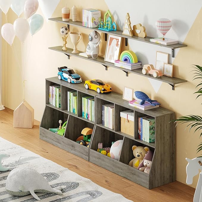 DINZI LVJ Toy Storage Organizer, Kids Bookshelf, Wood Toy Storage Cabinet, 5 Cubby Children Bookcase, 39.4" L Toddler Book Shelf for Playroom, Living Room, Nursery, Hallway, School, Gray Wash