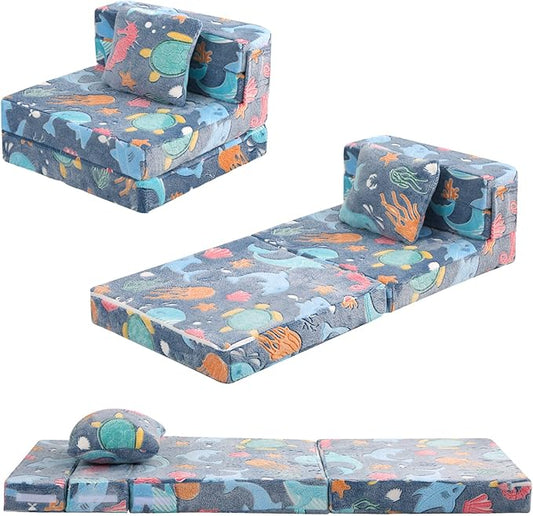 MeMoreCool Foldable Futon Chair Bed for Kids, Glow Tri-fold Sofa Bed Convertible Toddler Sofa Mattress, Foam Floor Couch for Sitting, Blue