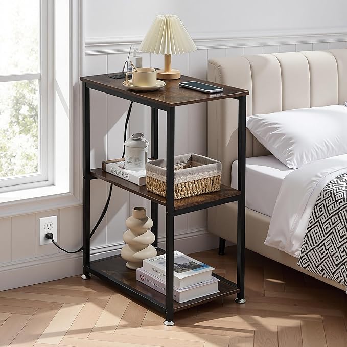 VECELO Tall End Table with Charging Station, Side Table with USB Ports and Outlets, 30" Height Nightstand with 3-Tier Storage Shelf for Living Room Bedroom Office Hallway Study