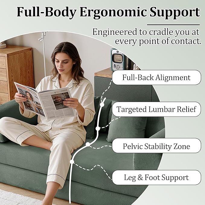 87'' Convertible Compressed Corduroy Folding Cloud Sofa Bed, Modern Modular Boneless Pull Out 3 Seater Sleeper in a Box, 5 in 1 Foldable Floor Mattress Couch, No Assembly Need, Green, 2 Pillows, King