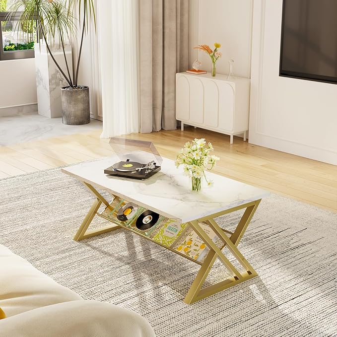 Coffee Table Living Room Table with Storage Shelf, White Table Simple Modern Faux Marble Rectangular Tables with Sturdy Gold Metal Frame,Industrial Wooden Coffee Table for Bedroom Home Office