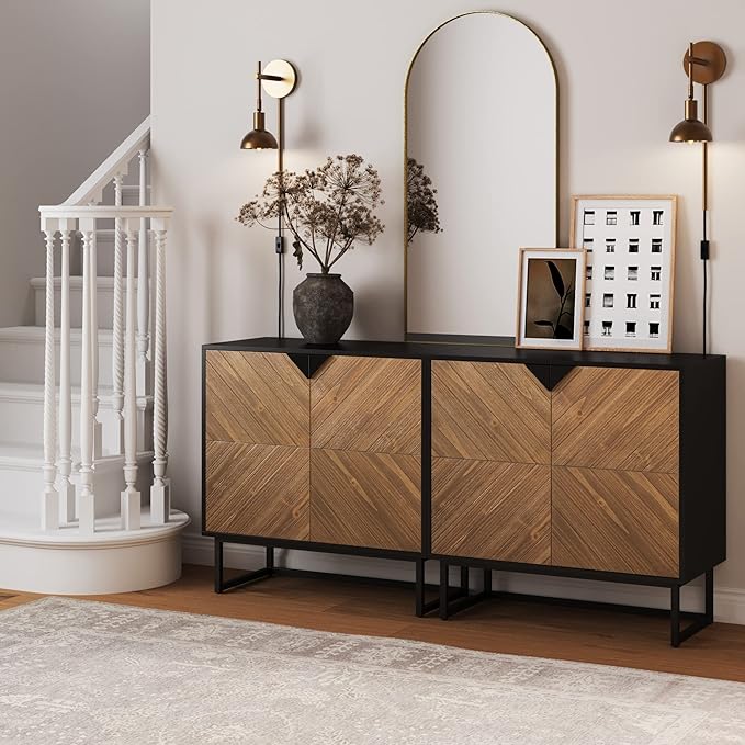 Nathan James Enloe Modern Sideboard Buffet Storage Accent Cabinet TV Stand with Doors in Rustic Pine Wood Finish and Matte Metal Base for Hallway, Kitchen or Living Room, Walnut Brown/Black, Set of 2