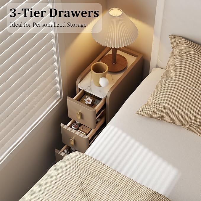 AQIMUELE Narrow Nightstand with Drawers, Narrow Side Table Leather, Small Bedside Tables for Bedroom. (Beige)