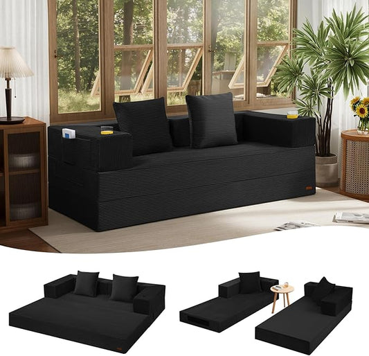 COMAX Boneless Couch, Futon Sofa Bed Couches Versatile Queen for Living Room, 79" 4 in 1 Convertible Sleeper Corduroy Couch Foam in a Box, Foldable Fold Out Floor Mattress No Assembly Required, Black