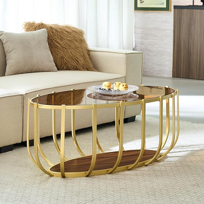 Saint Mossi Glass Oavl Coffee Table for Living Room, Modern 2-Tier Gold Center Table, Brown Glass Top and Walnut Shelf with Gold Finish Legs & Frame