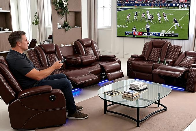 Living Room Furniture Set, Brown Breathing Leather Sofa Couch, Living Room Sofa Sets Power Recliner Loveseat with 4 Reclining Seats/Cup Holders/Storage Console/LED Light for Office, Home Theater