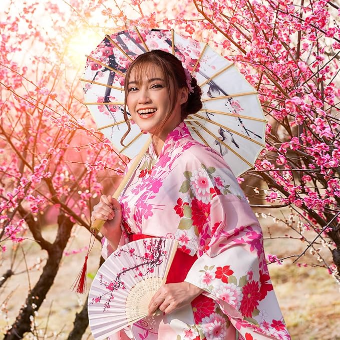 Dunzy 8 Pack Handmade Oiled Paper Umbrellas 22 Inch Classical Plum Blossom Mini Parasol Umbrella for Wedding Art Dance Photography Cherry Blossom Decoration