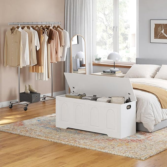 DINZI LVJ Storage Chest, 50” Extra Large Storage Bench with 2 Safety Hinges, Wooden Toy Box with Flip-Top, Large Trunk for Living Room, Playroom, Easy Assembly, White