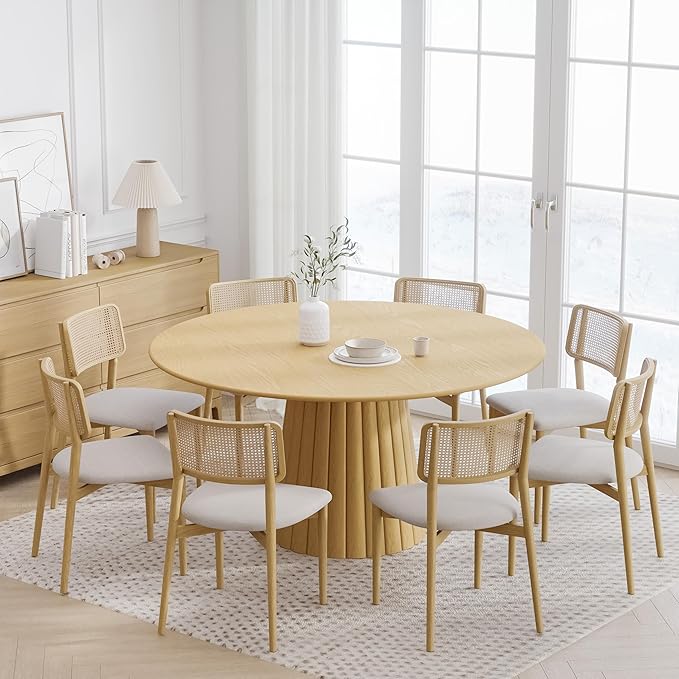 Casaphoria 60" Round Dining Table, Modern Wood Kitchen Table with Cone Shaped Strip Convex Base for Living Room & Dining Room, Easy Assembly Farmhouse Furniture for 4-6, Oak