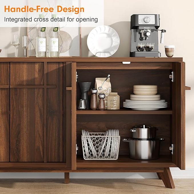 Sideboard Buffet Cabinet with Storage, 59" Modern Credenza with 4 Doors & Adjustable Shelves, Wood Console Cabinet for Living Room Kitchen Dining Room Hallway (Walnut)