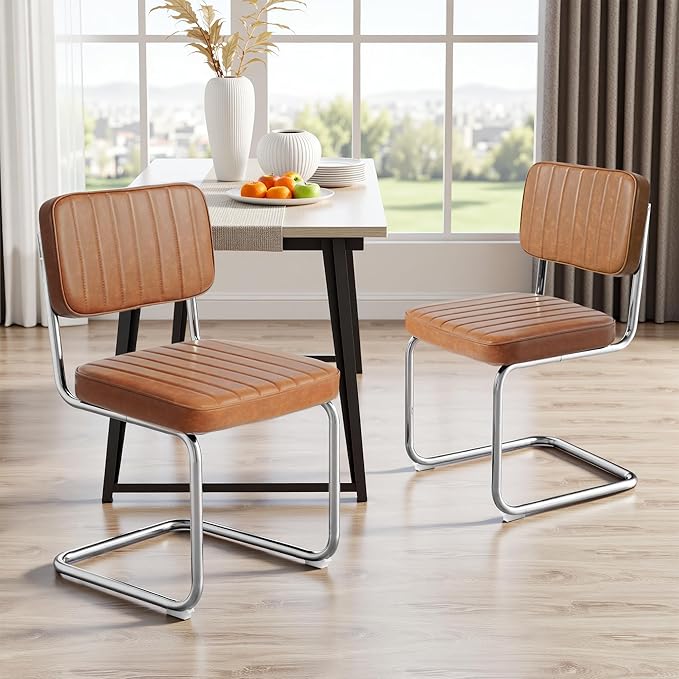 CangLong Faux Leather Dining Chairs Set of 2, Modern Upholstered Dining Room Chairs Armless Accent Chairs with Comfy Seat & Backrest, Black Metal Legs for Living Room, Cafe, Brown