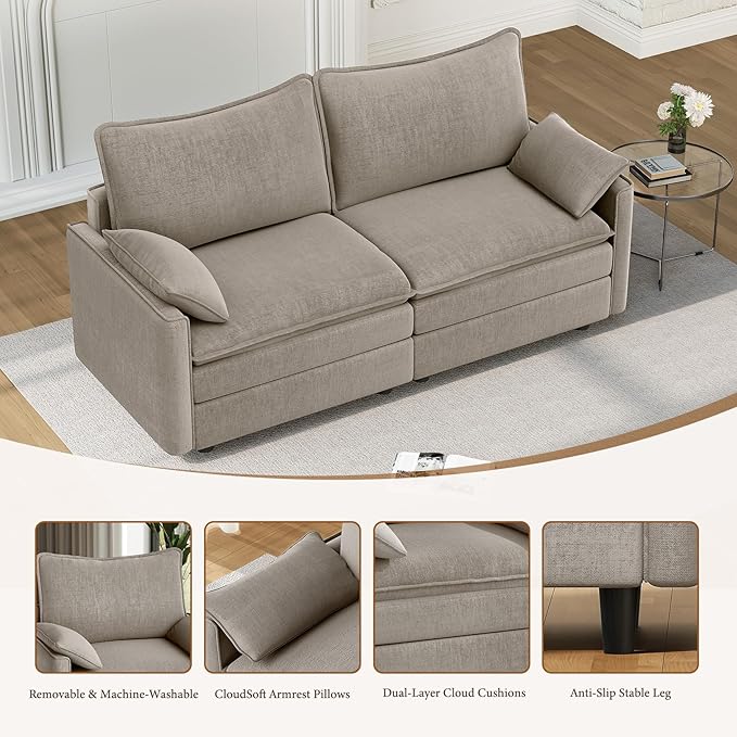 Vesgantti 74" Loveseat Sofa for Living Room, Comfy Cloud Couch Deep Seat Chenille Modern 2 Seater Small Sofa with Armrest Pillow, Easy Assembly for Small Spaces, Light Brown | Sink-in Comfort, Height Adjustable, Easy Rearrangement, Extra-deep Ottoman, ...