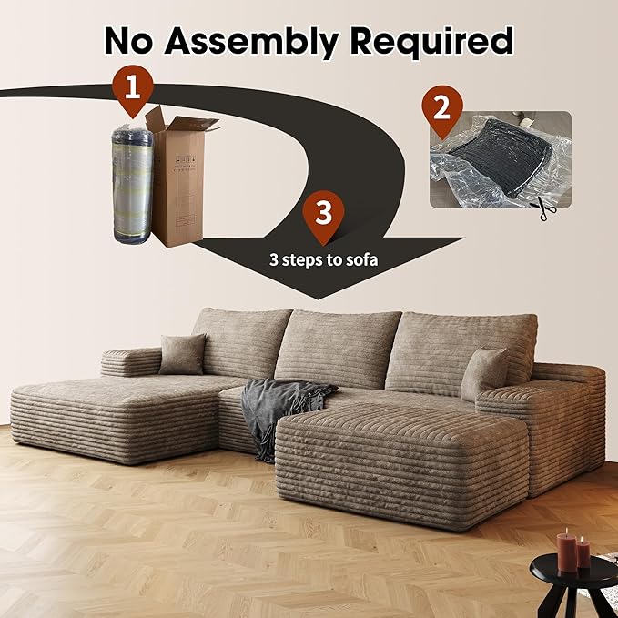 Full Foam Modular Sectional Sofa Cloud Couch, 107" Plush Corduroy Upholstered U Shaped Floor Lounge Boneless Couches w/Right Chaise Daybed and Movable Ottoman for Living Room, No Assembly Required