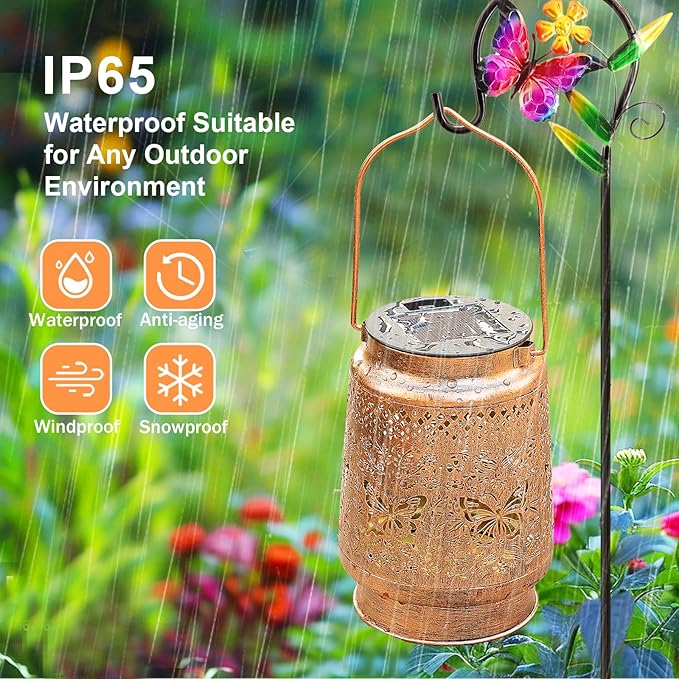Solar Lanterns Outdoor Butterfly Garden Decor, Gifts for Women Mom Grandma Birthday, Waterproof Metal Hanging Solar Lights LED Decoration with Shepherd Hook Outside for Yard Patio Lawn Porch