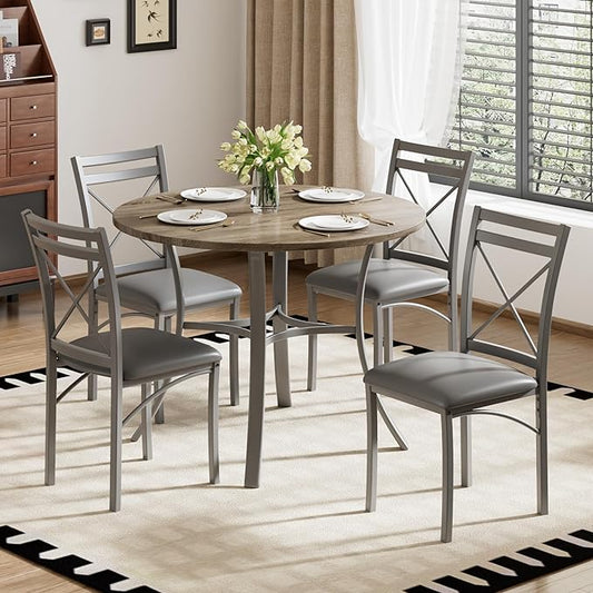 VECELO 5 Piece Dining Table Set for 4 with Chairs, Wood Grain Tabletop, Small Space, Kitchen, Breakfast Nook, Grey