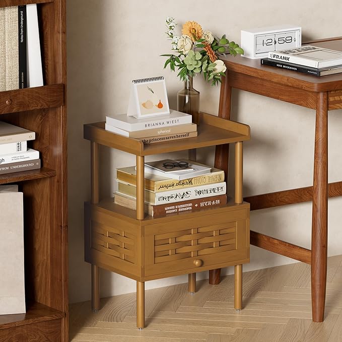 Amazer Bamboo Nightstand with Charging Station, Bedside Table with USB Ports & Outlets, End Table, Night Stand for Bedroom Lift-Up Drawer & Open Shelf, Walnut Brown