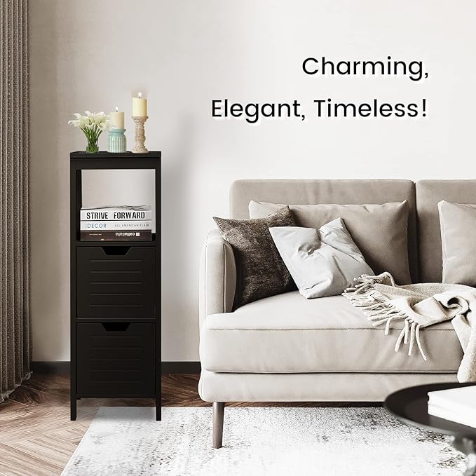 COSTWAY Bathroom Storage Cabinet, Freestanding Wooden Side Storage Cabinet with 2 Adjustable Drawers, Space-Saving Floor Cabinet for Living Room Bathroom Bedroom Entryway (Black)