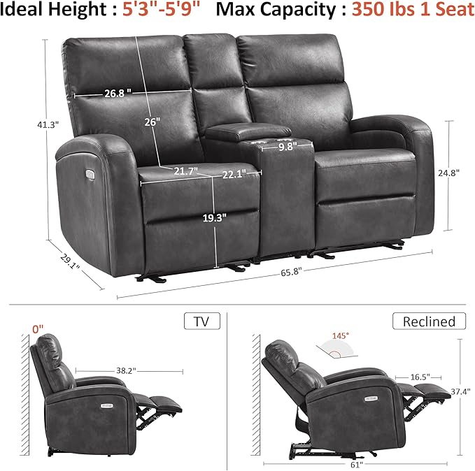 MCombo Zero Wall Recliner Loveseat, 2-Seat Power Wall Hugger Sofa with USB & Type-C Dual Ports, for Small Space, Living Room, RV PR646 (Dark Grey, Loveseat with Console)