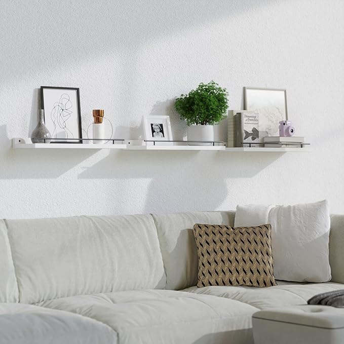 WOPITUES Floating Shelves with Black Metal Guardrail, Shelves for Wall Decor Set of 3, Wall Shelves for Bedroom, Bathroom, Kitchen, Living Room, Plants, Picture Frames, Art- Black and White