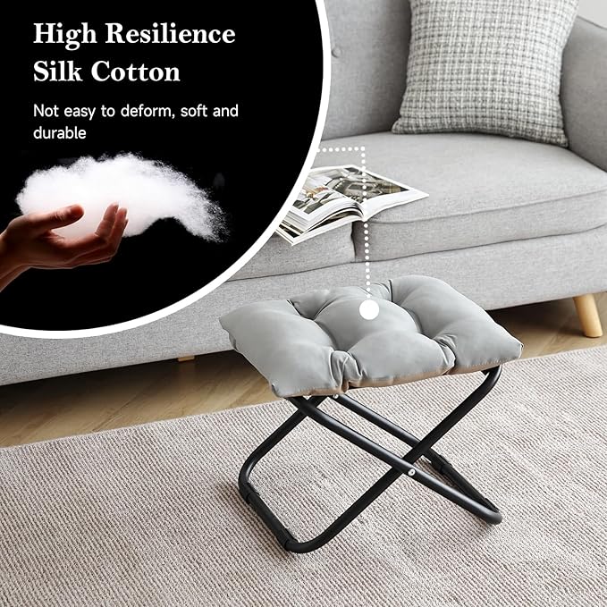 Welnow Folding Foot Stool, Upholstered Small Accent Ottoman with Detachable Thick Cotton Cushion, Padded Sofa Stool with Straight Metal Legs for Lazy Chair, Living Room, Bedroom, Light Grey