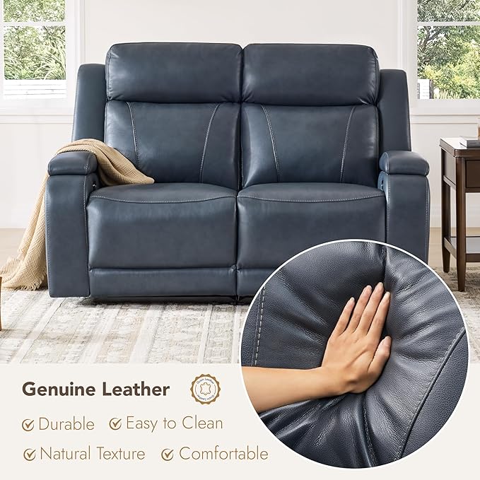 Watson & Whitely Genuine Leather Power Loveseat Recliner Sofa, Zero Gravity Reclining Loveseat with Power Headrest & Hidden Storage, Charging Ports, Dual Recliner Sofas for Living Room, Navy Blue