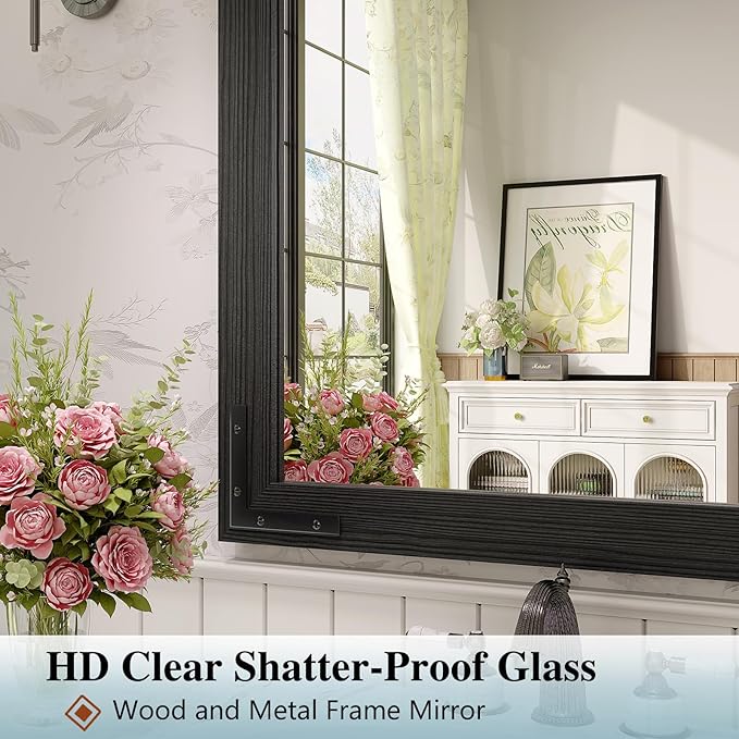 Farmhouse Bathroom Mirror, 55x36 Inch Black Vanity Mirror for Wall, Wood Framed Rustic Mirror Rectangular Wall Decor Mirrors for Entryway Living Room Bedroom