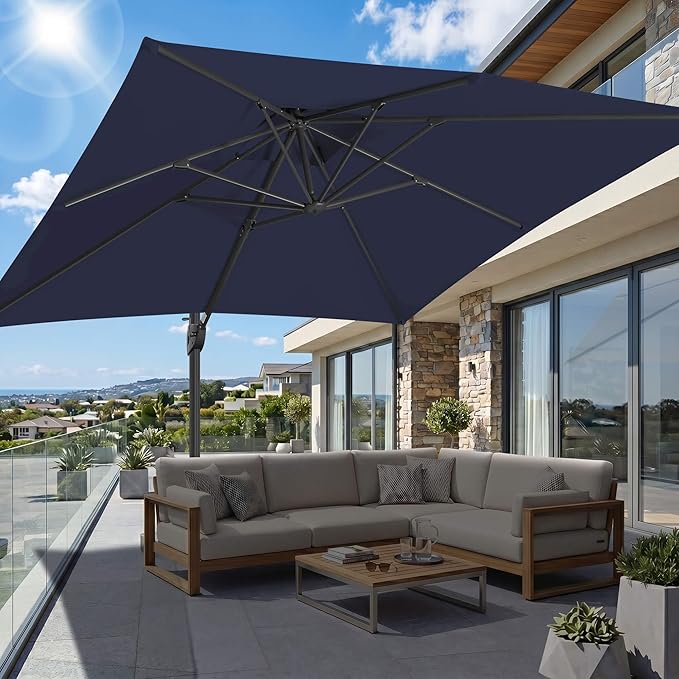 FLAME&SHADE 10 X 10 FT Cantilever Patio Umbrella - Large Offset Umbrella Outdoor Patio with 360-Degree Rotation and 3-Year Fade Resistance Fabric for Deck Pool Backyard Garden (Navy Blue)