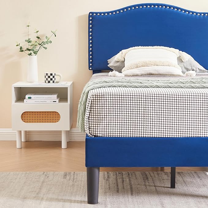 VECELO Twin Bed Frame, Platform Bed Frame with Adjustable Height Upholstered Headboard, Heavy-Duty Frame and Strong Wooden Slats Support, Non-Slip and Noise-Free, Easy Assembly, Dark Blue